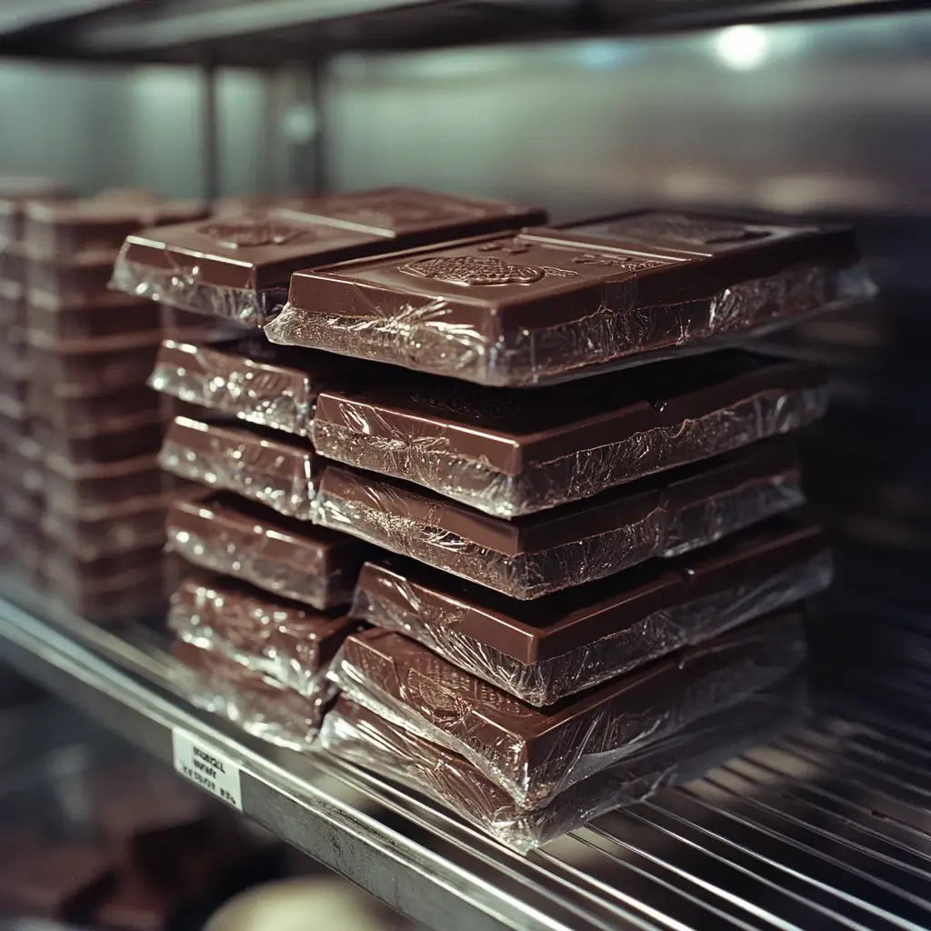 Stacks of neatly wrapped chocolate bars stored on stainless steel shelves in a controlled environment.
