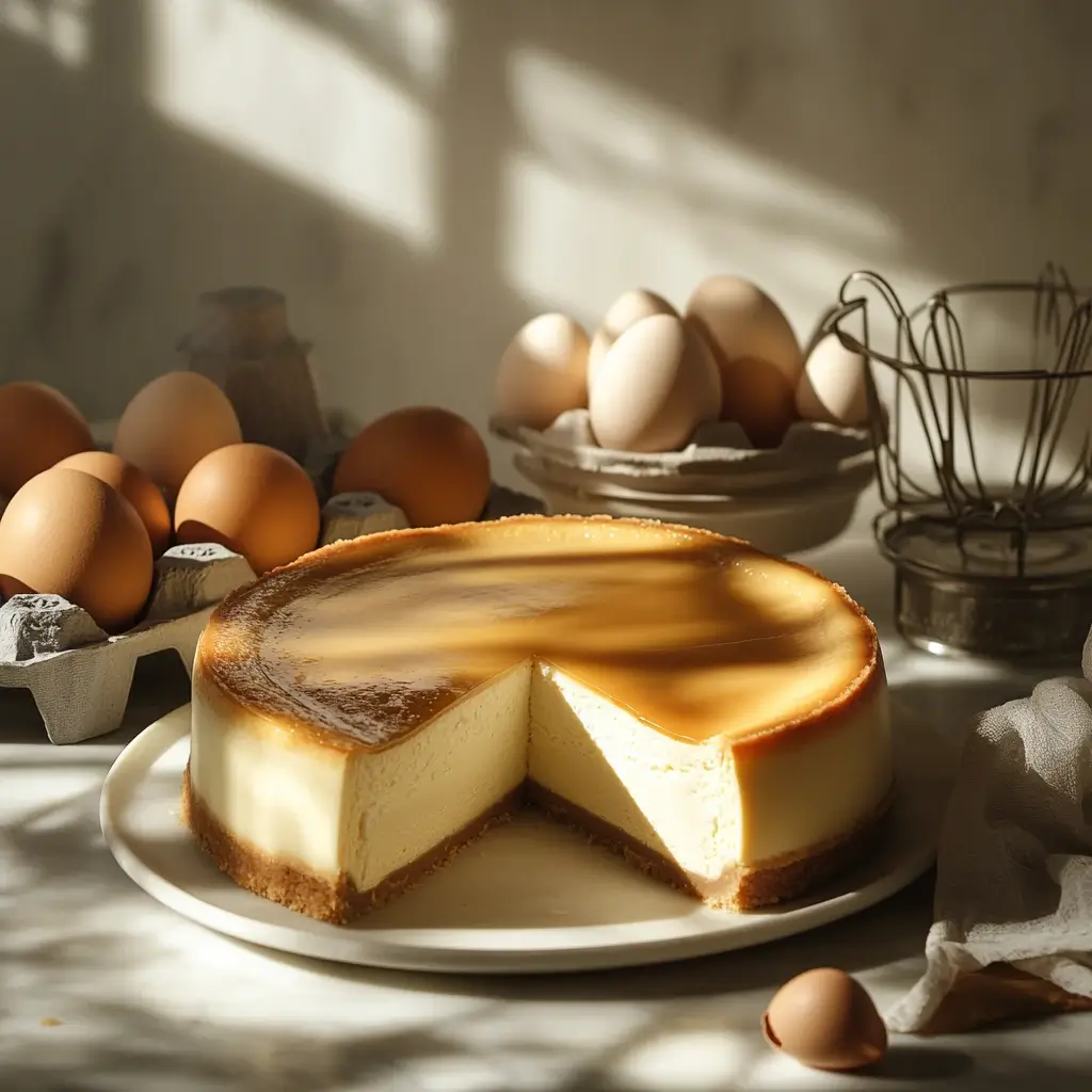 A golden, creamy cheesecake with a smooth texture and a graham cracker crust, surrounded by fresh brown eggs in cartons and a rustic wire basket, bathed in soft natural light.