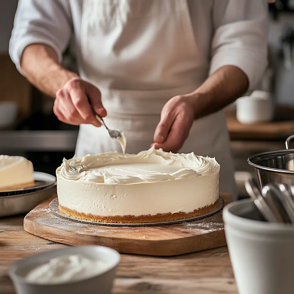 A professional baker prepares a cheesecake with full-fat sour cream and whipping cream, ensuring a smooth texture with no cracks by using a water bath and proper techniques.