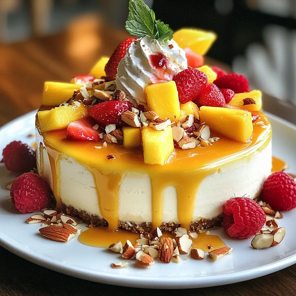 A beautifully plated Mexican cheesecake garnished with fresh fruit, dulce de leche drizzle, whipped cream, and crushed nuts, served with coffee, dessert wine, and Mexican hot chocolate on a rustic wooden table.