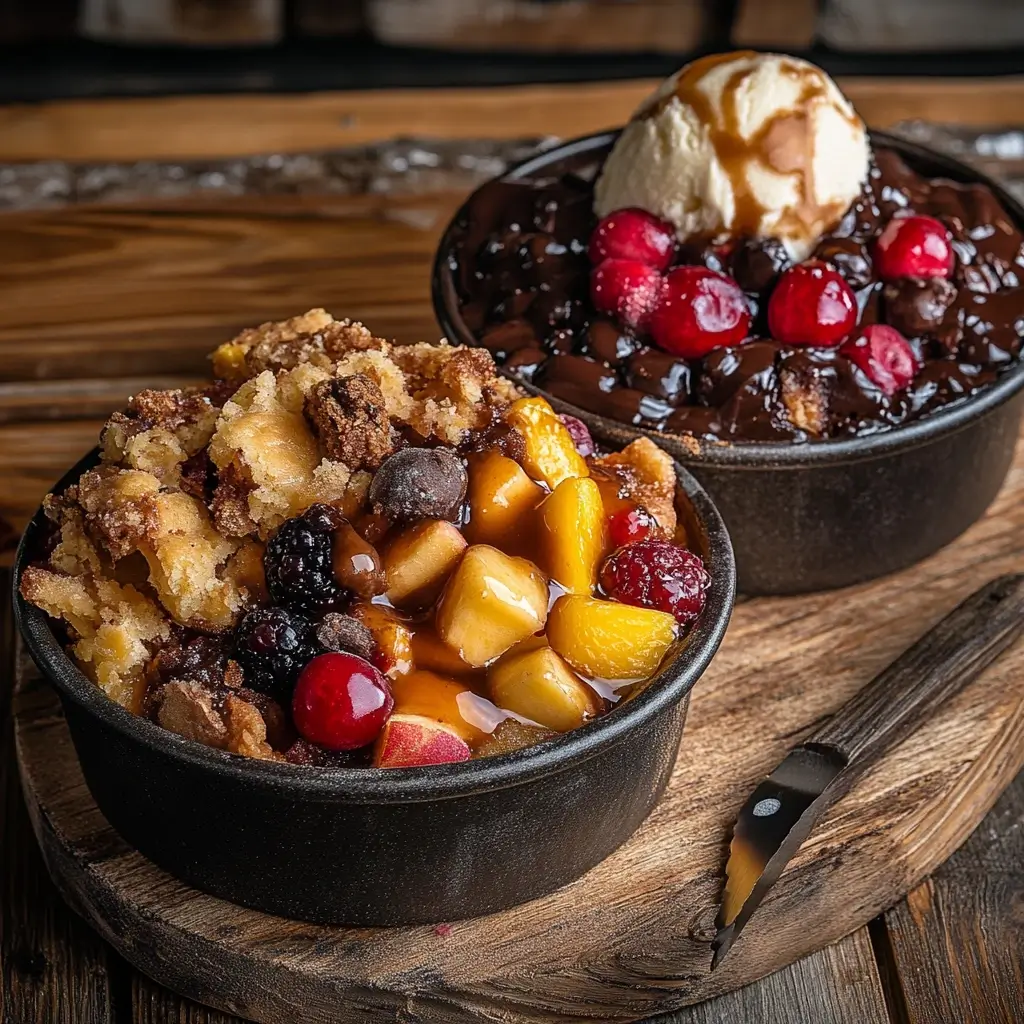 A close-up of two types of dump cakes served in rustic black bowls on a wooden table. One is a fruit-based dump cake with peaches, cherries, and mixed berries topped with a crumbly golden topping. The other is a chocolate dump cake with rich fudge sauce, cherries, and a scoop of vanilla ice cream drizzled with caramel.
