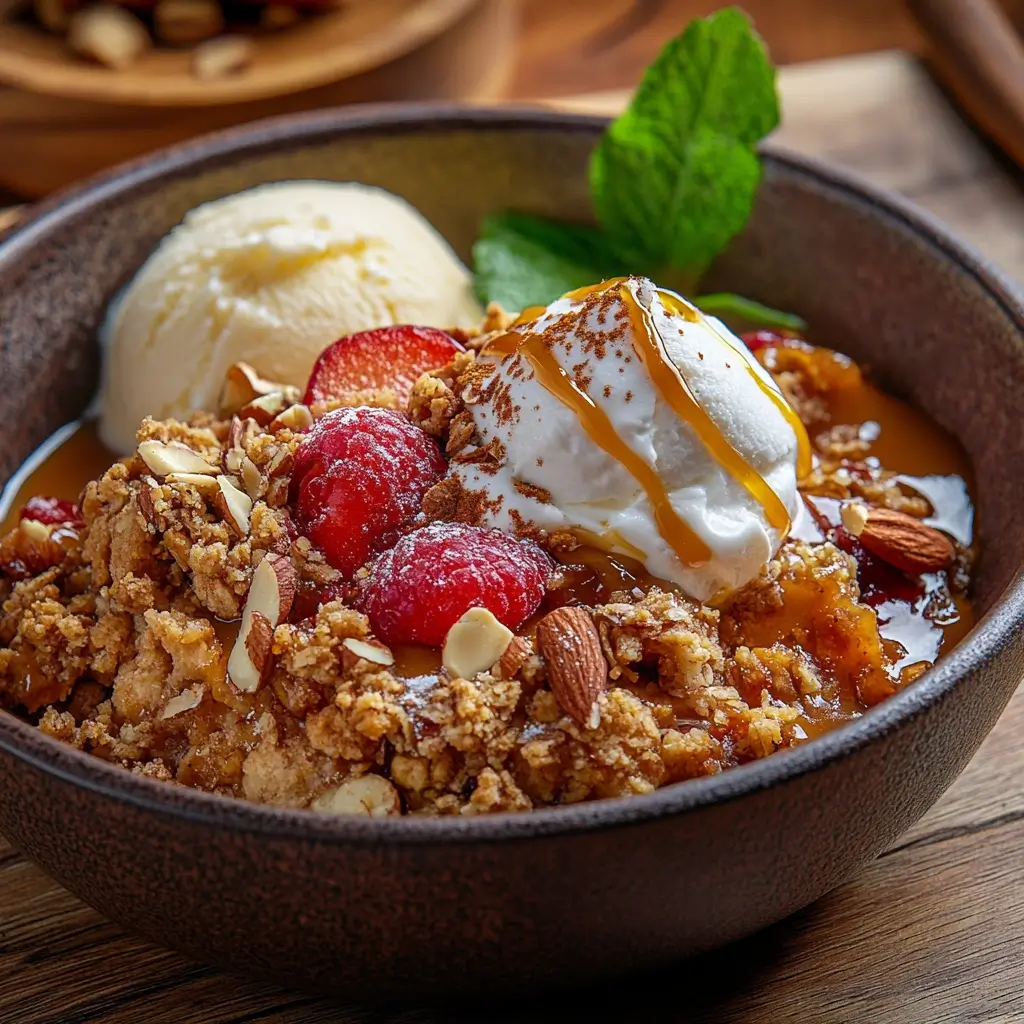 Perfectly served crumble with custard, ice cream, whipped cream, caramel sauce, and a side of spiced nuts and mascarpone on a rustic wooden table.