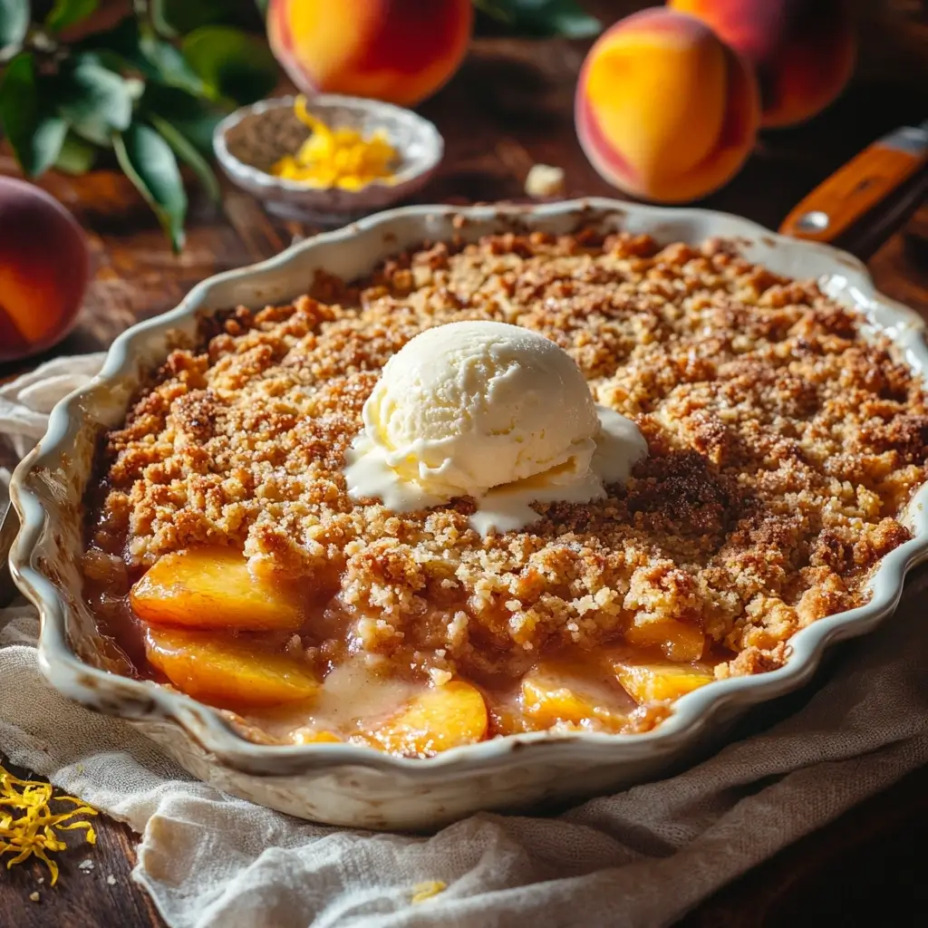 A freshly baked peach crumble with golden, crispy topping, warm peach filling, and a scoop of melting vanilla ice cream, served in a rustic pie dish with fresh peaches in the background.