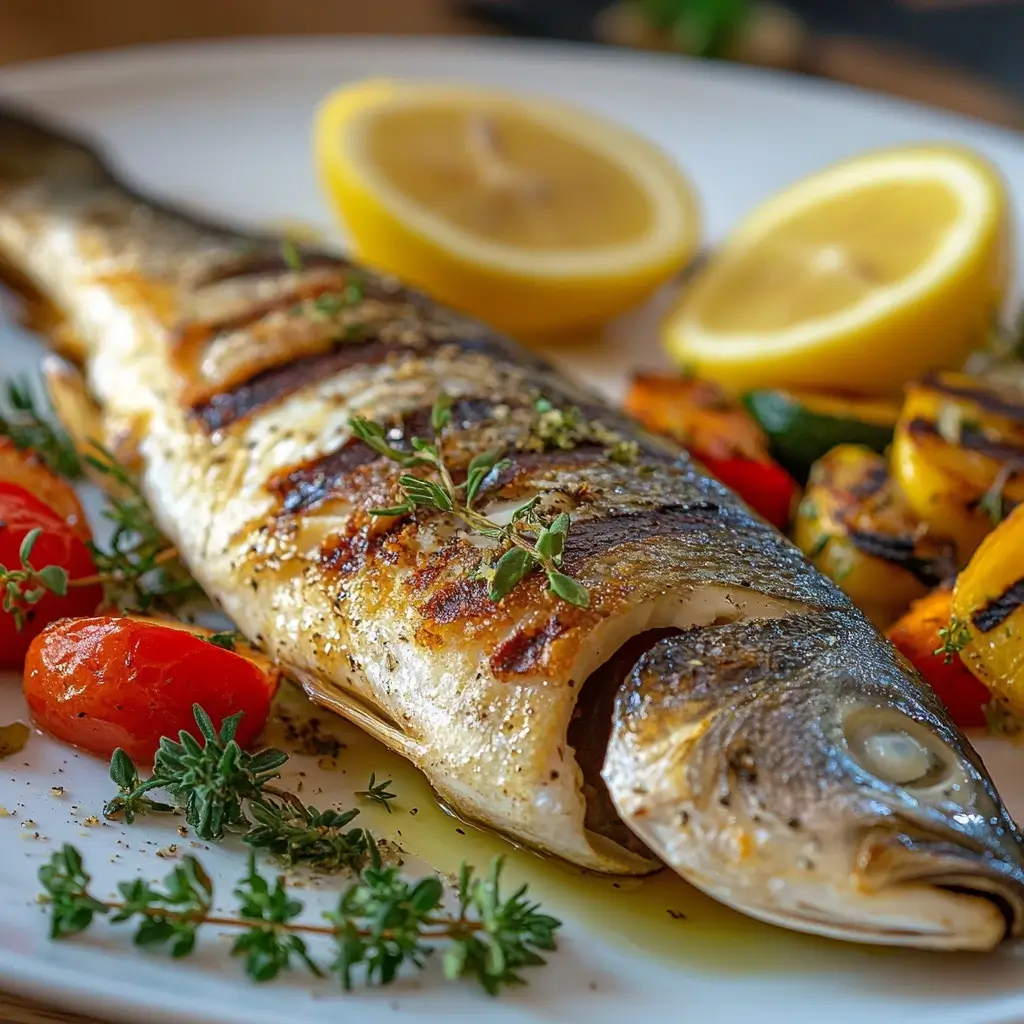 A perfectly grilled whole branzino with crispy golden skin, garnished with fresh thyme and lemon slices, served alongside roasted cherry tomatoes and zucchini on a white plate, with a glass of white wine in the background.