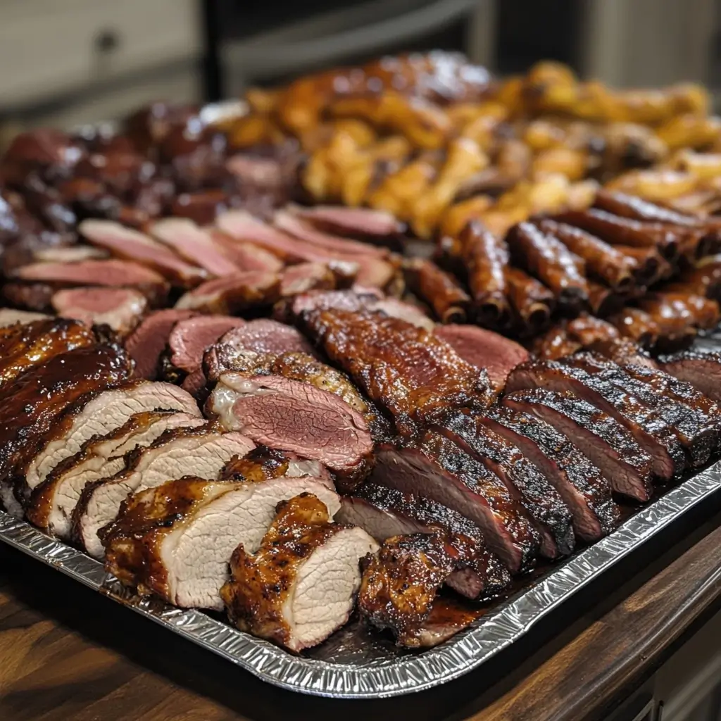A large tray filled with a variety of smoked meats, including sliced brisket, pork, lamb, and poultry, with a rich, caramelized crust and a juicy, tender interior.