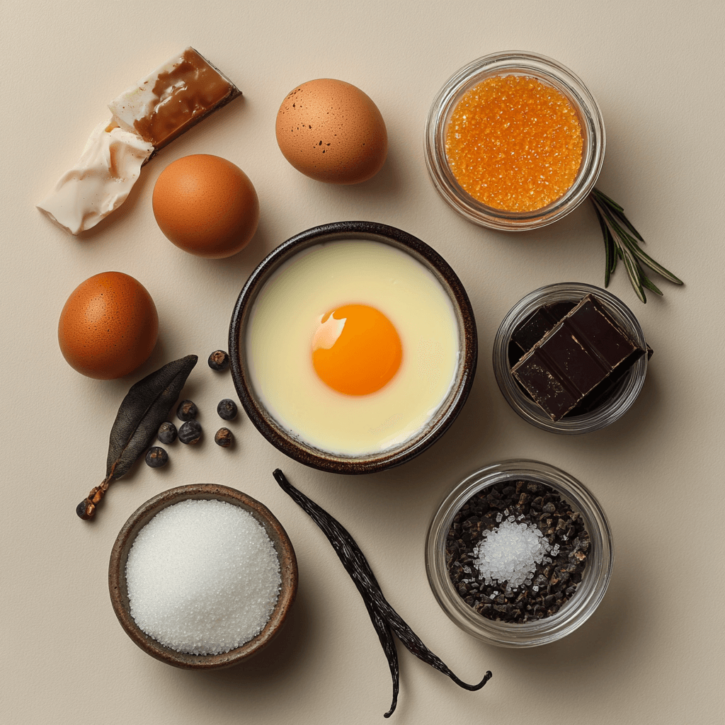 A flat lay of crème brûlée ingredients, including fresh eggs, heavy cream, sugar, vanilla beans, dark chocolate, and honey, beautifully arranged on a neutral background with rustic touches.