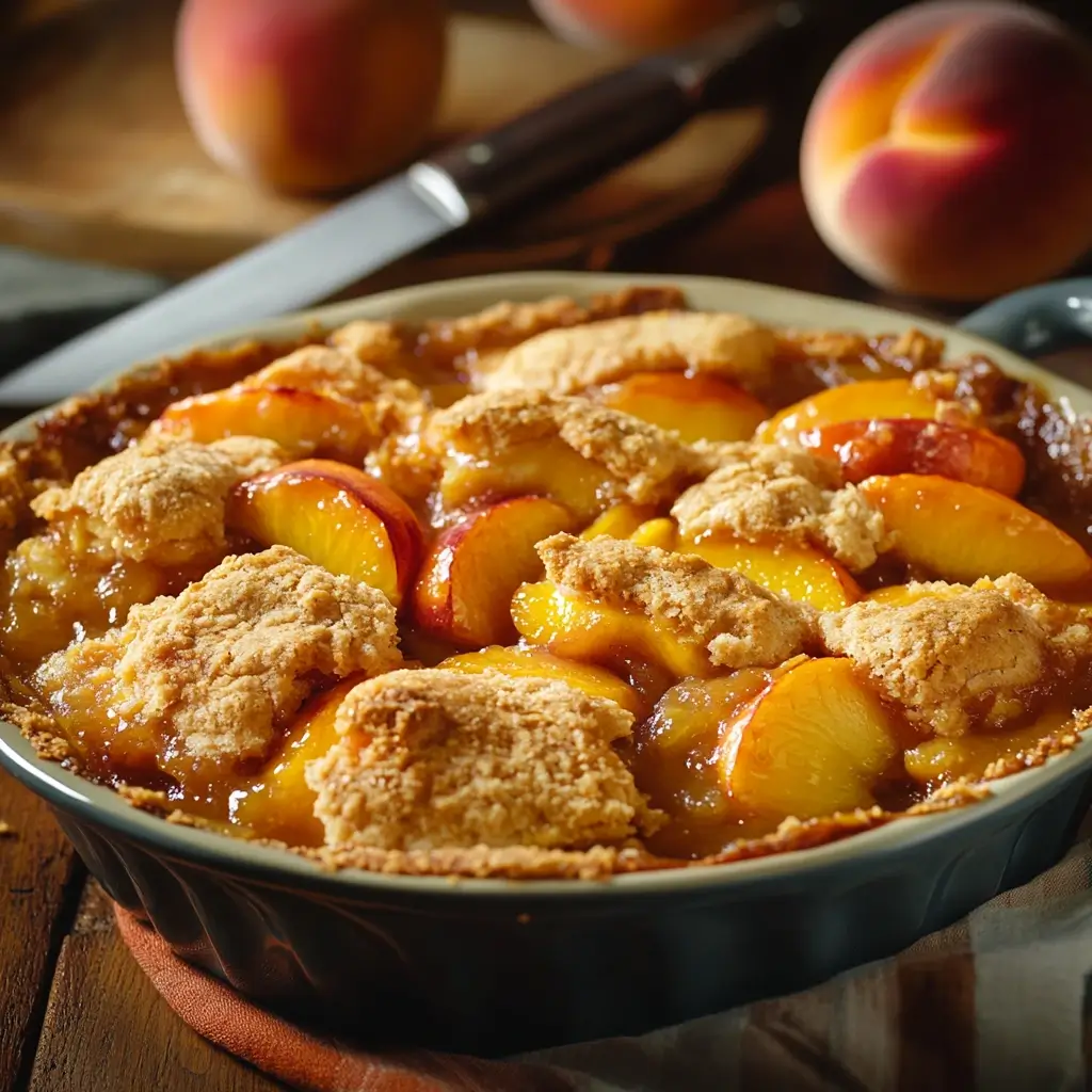 Peach cobbler with both peeled and unpeeled peaches, highlighting the different textures and flavors in the dish.