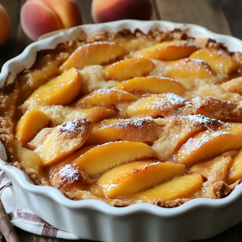Peach cobbler made with unpeeled peaches, showing soft peach skins integrated into the filling, with hints of spices like cinnamon and nutmeg.