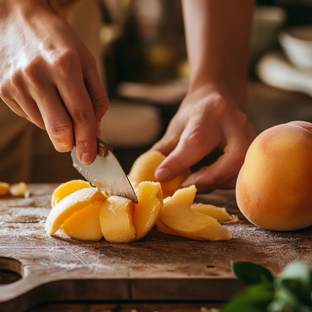 Person peeling fresh peaches in a rustic kitchen, with the smooth flesh exposed and the peel on the side.