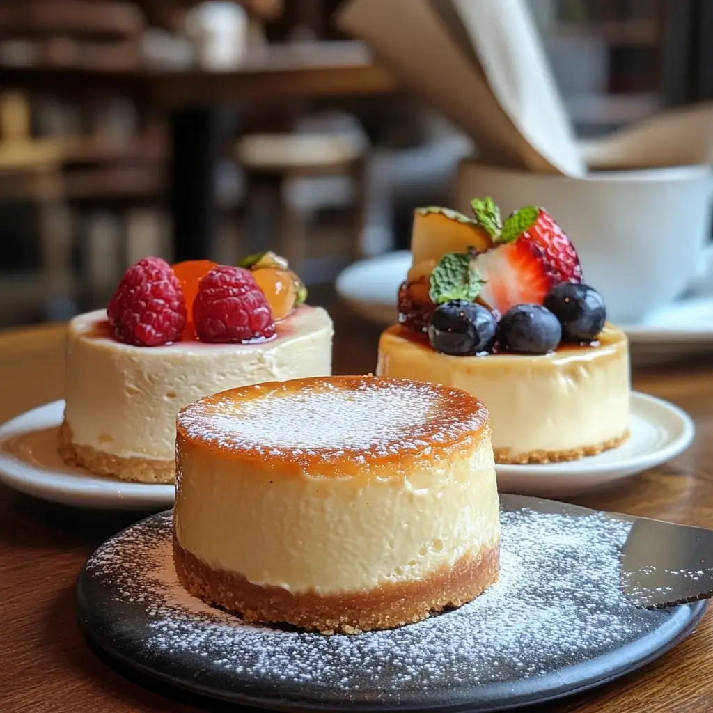 A trio of cheesecake variations, including a classic New York-style cheesecake dusted with powdered sugar, and two topped with fresh fruits like strawberries, blueberries, raspberries, and mint leaves. The setting is a cozy café with warm natural light.
