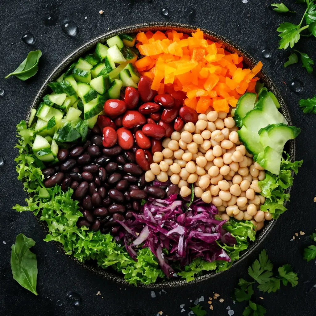 A vibrant salad bowl with kidney beans, black beans, chickpeas, diced cucumbers, shredded carrots, purple cabbage, and leafy greens, arranged on a dark textured background.