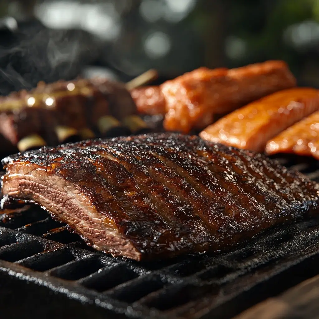 Close-up of smoked meats, including ribs, salmon, and brisket, sizzling on a grill with a rich caramelized crust and wisps of smoke rising.