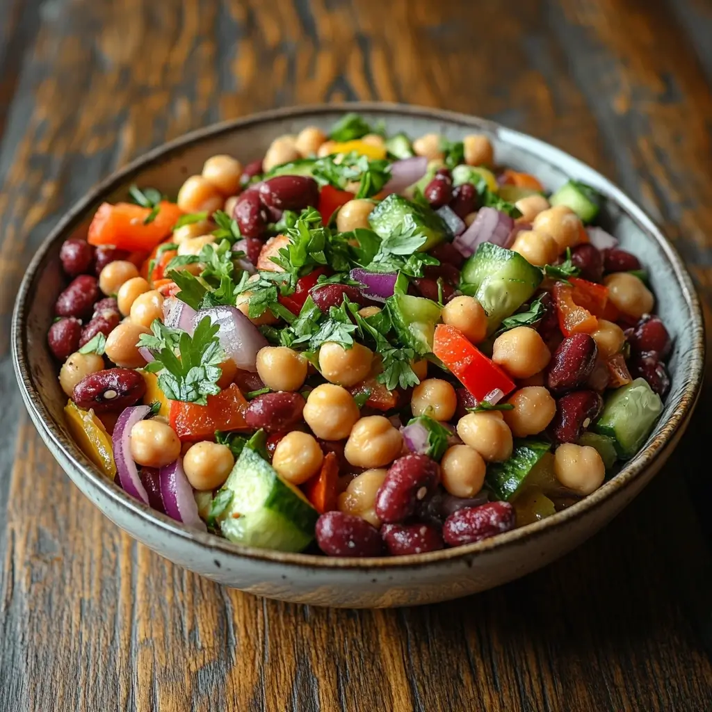 A close-up of a dense bean salad in a rustic bowl, featuring kidney beans, chickpeas, black beans, cucumbers, red onions, and bell peppers, garnished with fresh parsley.
