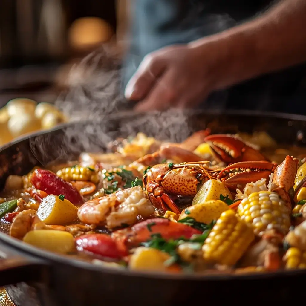 A vibrant seafood boil with shrimp, crab claws, corn, potatoes, and herbs in a steaming, thick broth, with a cook stirring in the background.