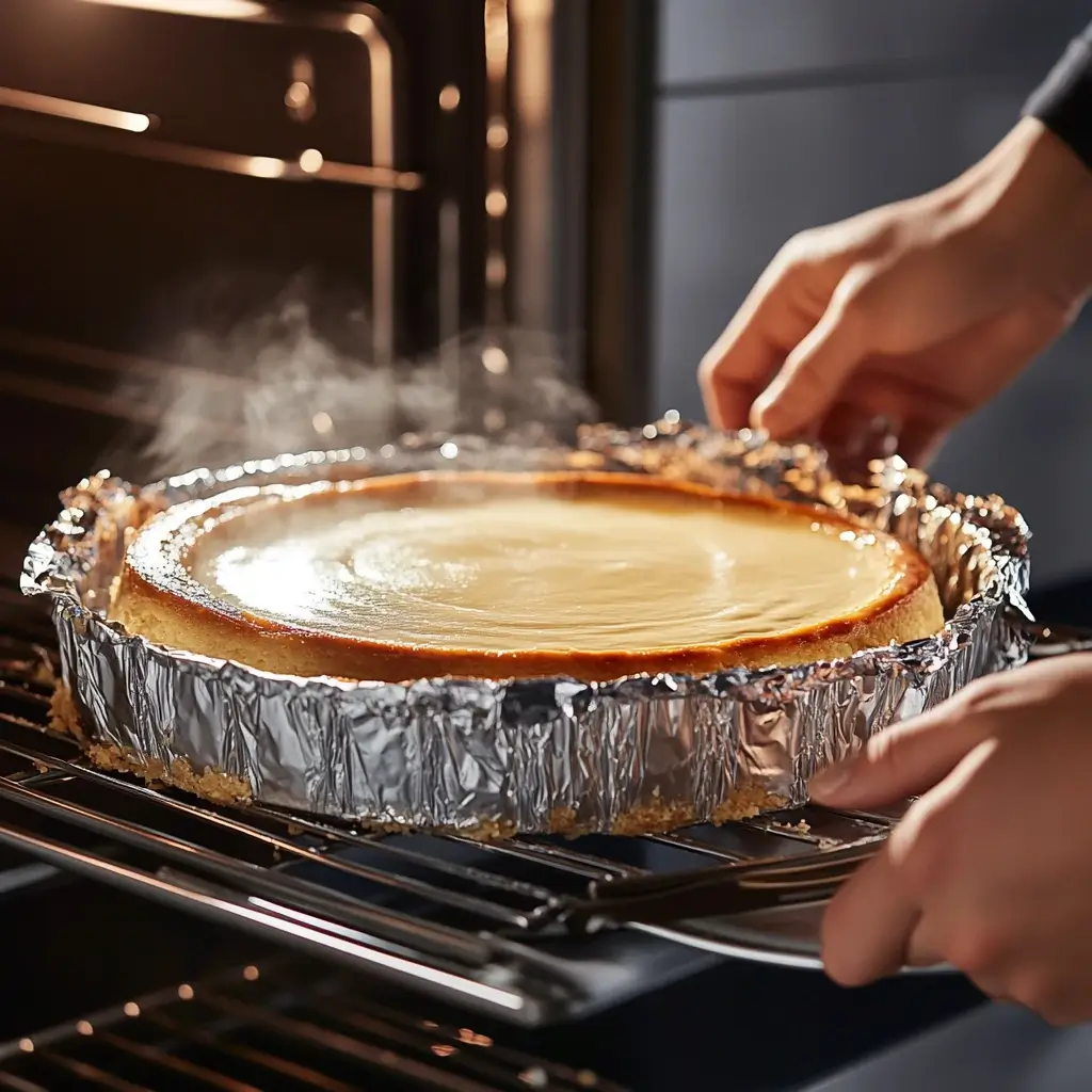 Cheesecake baking in a water bath with a springform pan wrapped in aluminum foil, surrounded by hot water in an oven, with soft warm lighting highlighting its creamy texture.
