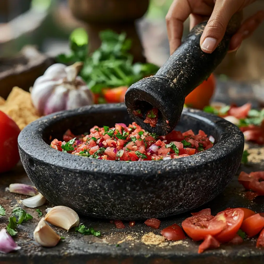 Traditional Mexican molcajete used for grinding salsa ingredients and spices, with a rustic home setting in the background highlighting non-culinary uses.