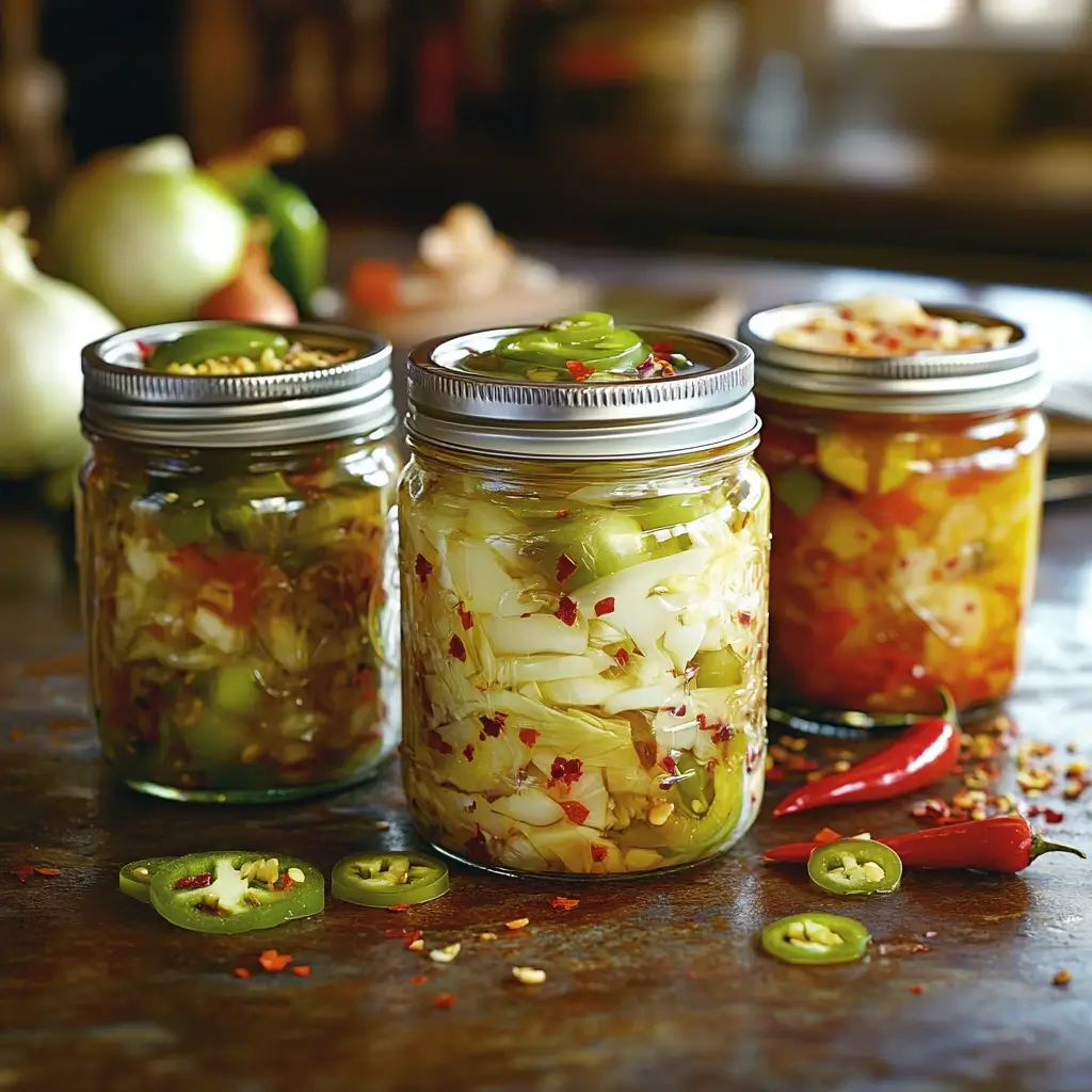 Three jars of preserved vegetable mix in a rustic kitchen, featuring a Southern-style, spicy, and sweet variation, garnished with fresh jalapeños and red pepper flakes.