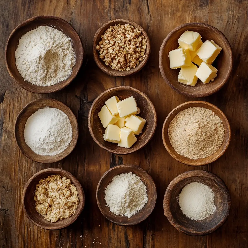 High-quality ingredients for a perfect crumble: all-purpose flour, almond flour, brown sugar, white sugar, cubes of unsalted butter, and coconut oil in rustic wooden bowls.
