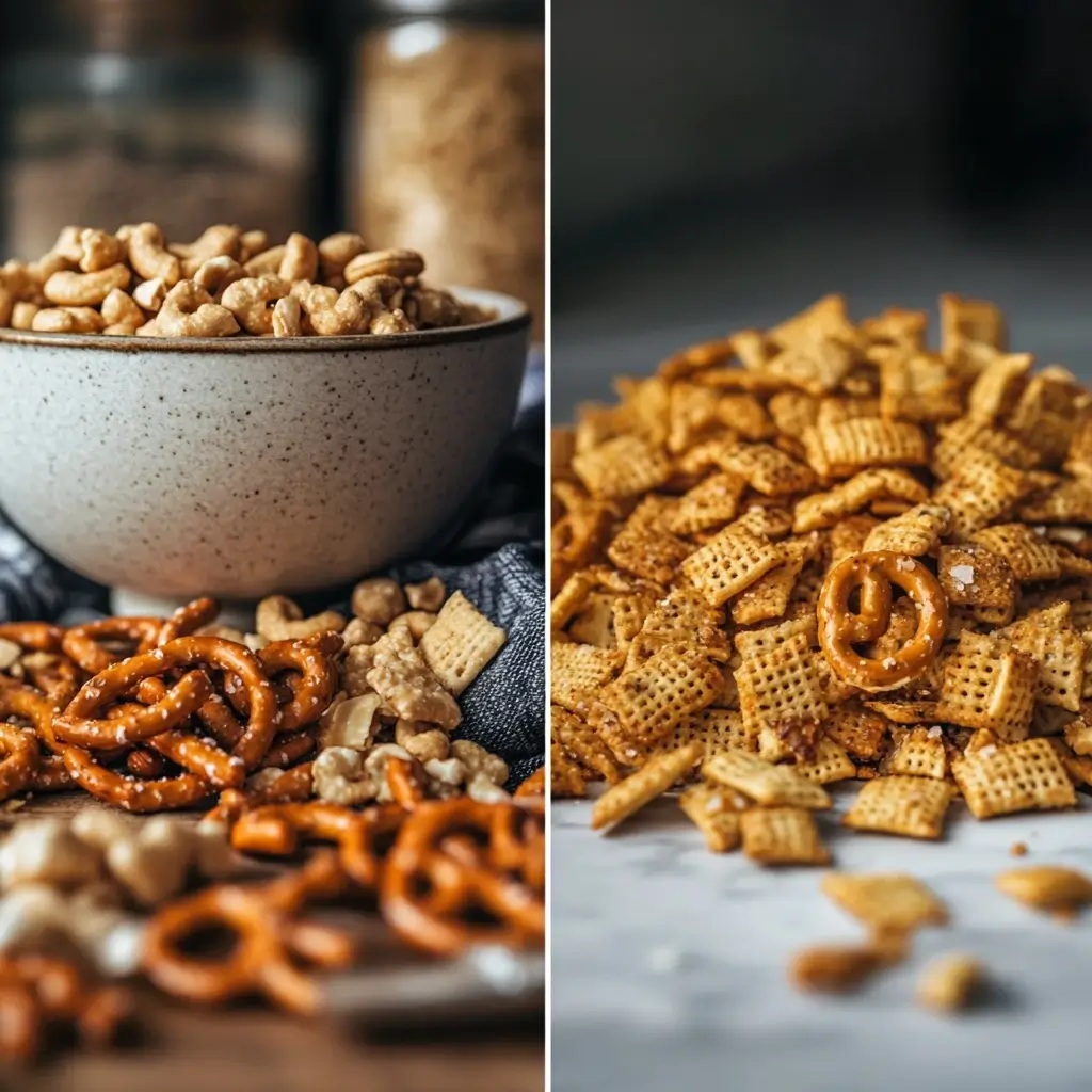 A side-by-side comparison of homemade and store-bought Chex Mix. On the left, a bowl of homemade Chex Mix with pretzels, nuts, and seasonings in a cozy kitchen setting. On the right, a pile of store-bought Chex Mix with a uniform texture and seasoning on a clean surface.