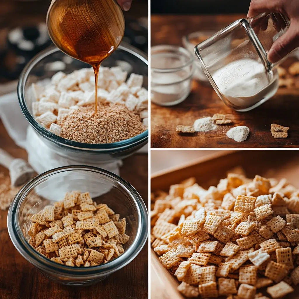 A collage of four steps in making homemade Chex mix, including pouring honey into a bowl of cereal, mixing dry ingredients, coating cereal with seasoning, and the finished golden-brown Chex mix on a tray.