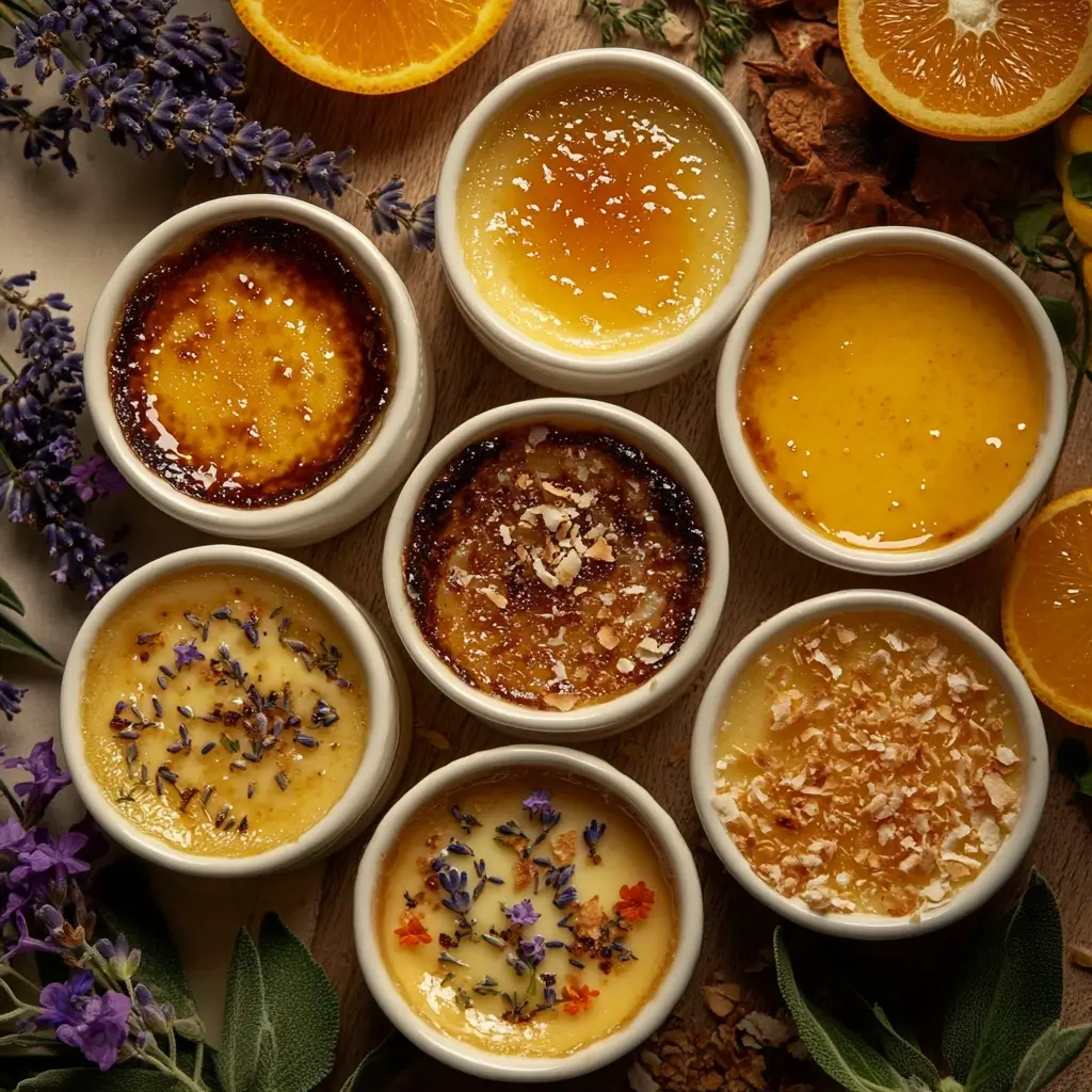 An elegant assortment of crème brûlée variations displayed on a rustic wooden table. A classic crème brûlée with a golden caramelized crust sits beside a dairy-free coconut milk version topped with toasted coconut flakes. Other variations include an espresso-infused crème brûlée dusted with cocoa powder, a lavender-infused one garnished with edible flowers, a citrus-zest version with vibrant orange and lemon slices, and a maple-sweetened variety with a deep amber hue. The warm lighting enhances the inviting and artisanal presentation.
