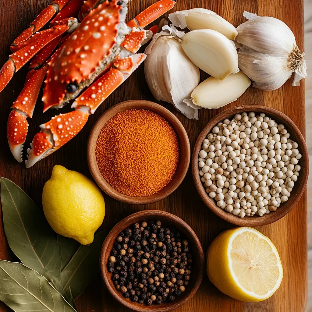 Crab boil ingredients on a wooden board
