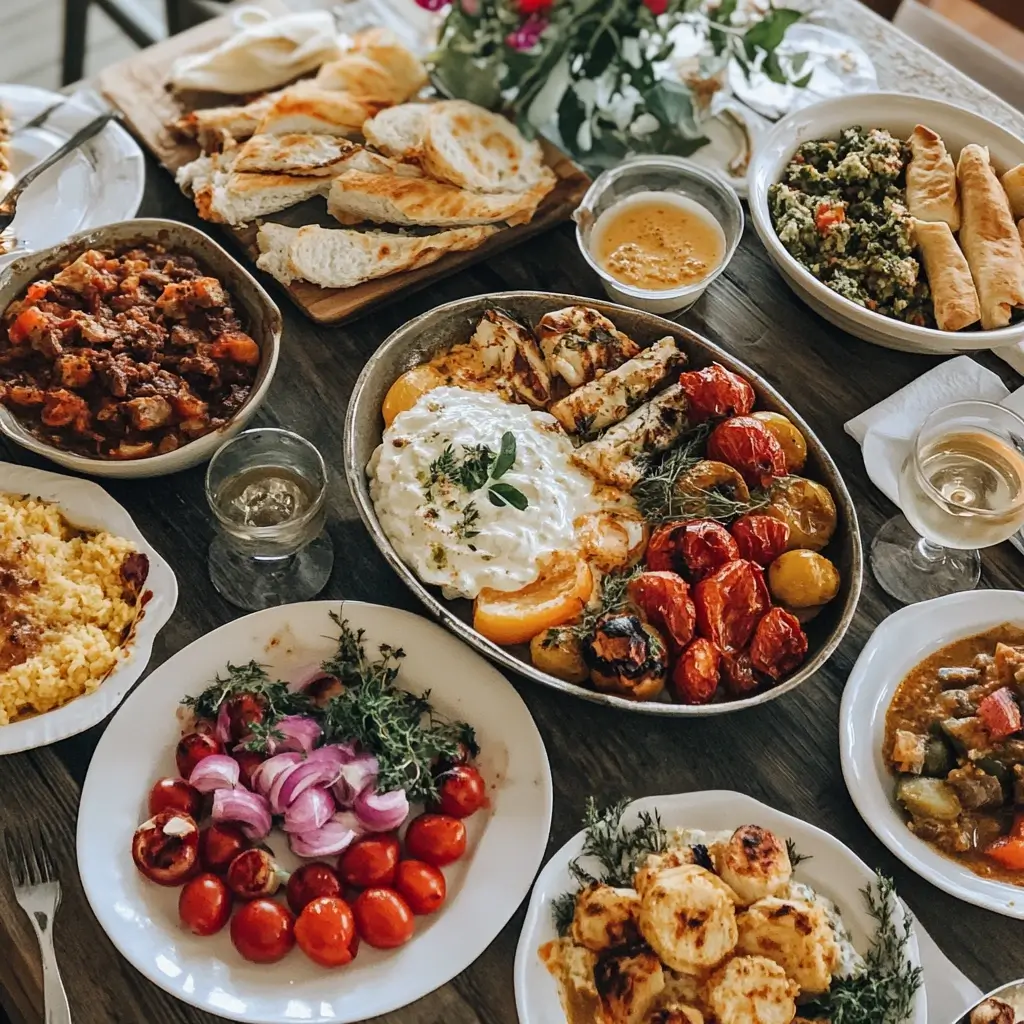A traditional Greek dinner spread served family-style, featuring grilled meats, roasted vegetables, tzatziki, fresh bread, and vibrant Mediterranean side dishes on a rustic wooden table.