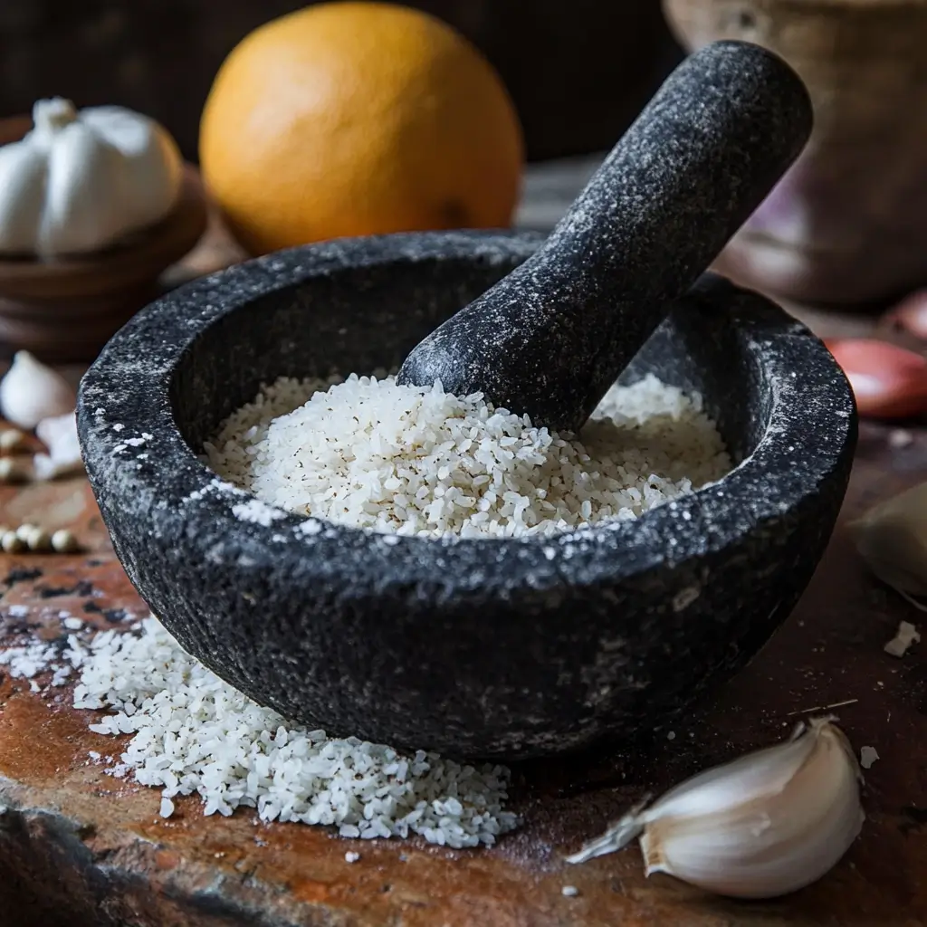 Traditional Mexican molcajete being seasoned with rice, garlic, salt, and cumin in a rustic kitchen, with a focus on the care and maintenance process.