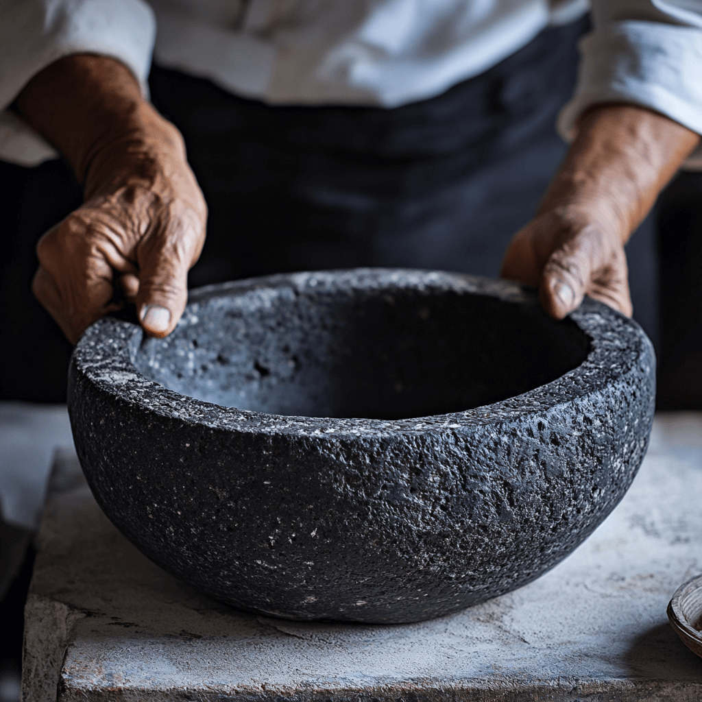 Traditional molcajete carved from volcanic basalt rock by artisans in Mexico, showcasing its porous texture and deep bowl for grinding ingredients.