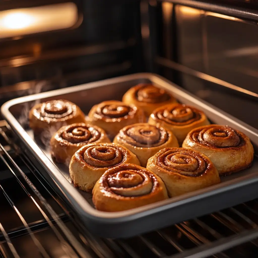 A tray of golden-brown sourdough cinnamon rolls baking in the oven, with steam rising, showcasing the perfect rise and caramelized cinnamon swirls. Warm oven light enhances the glossy finish of the rolls.