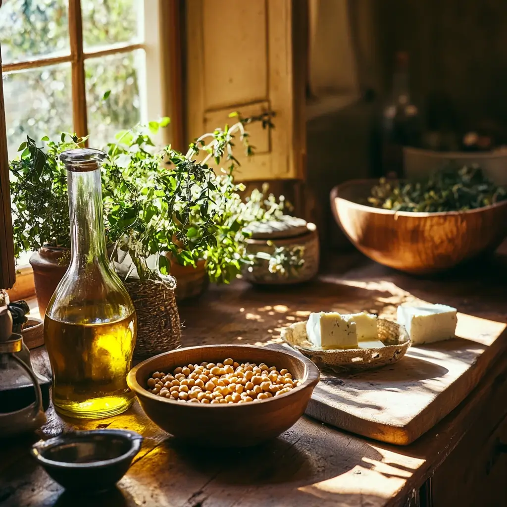 A rustic Greek kitchen with staple ingredients including olive oil, chickpeas, fresh herbs, and feta cheese, bathed in warm sunlight.