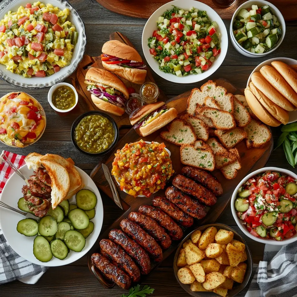 A vibrant spread of food featuring dishes that complement pickle relish and chow chow relish, including grilled meats, salads, sandwiches, Southern classics, charcuterie, and tacos.