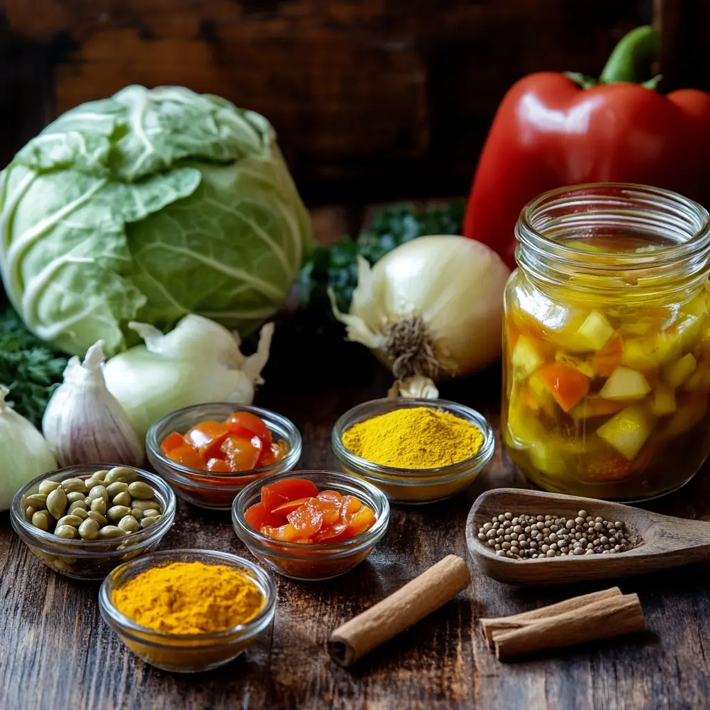 Fresh vegetables and spices for Southern chow chow, including cabbage, red bell pepper, onions, garlic, and small bowls of turmeric, mustard seeds, and cinnamon.
