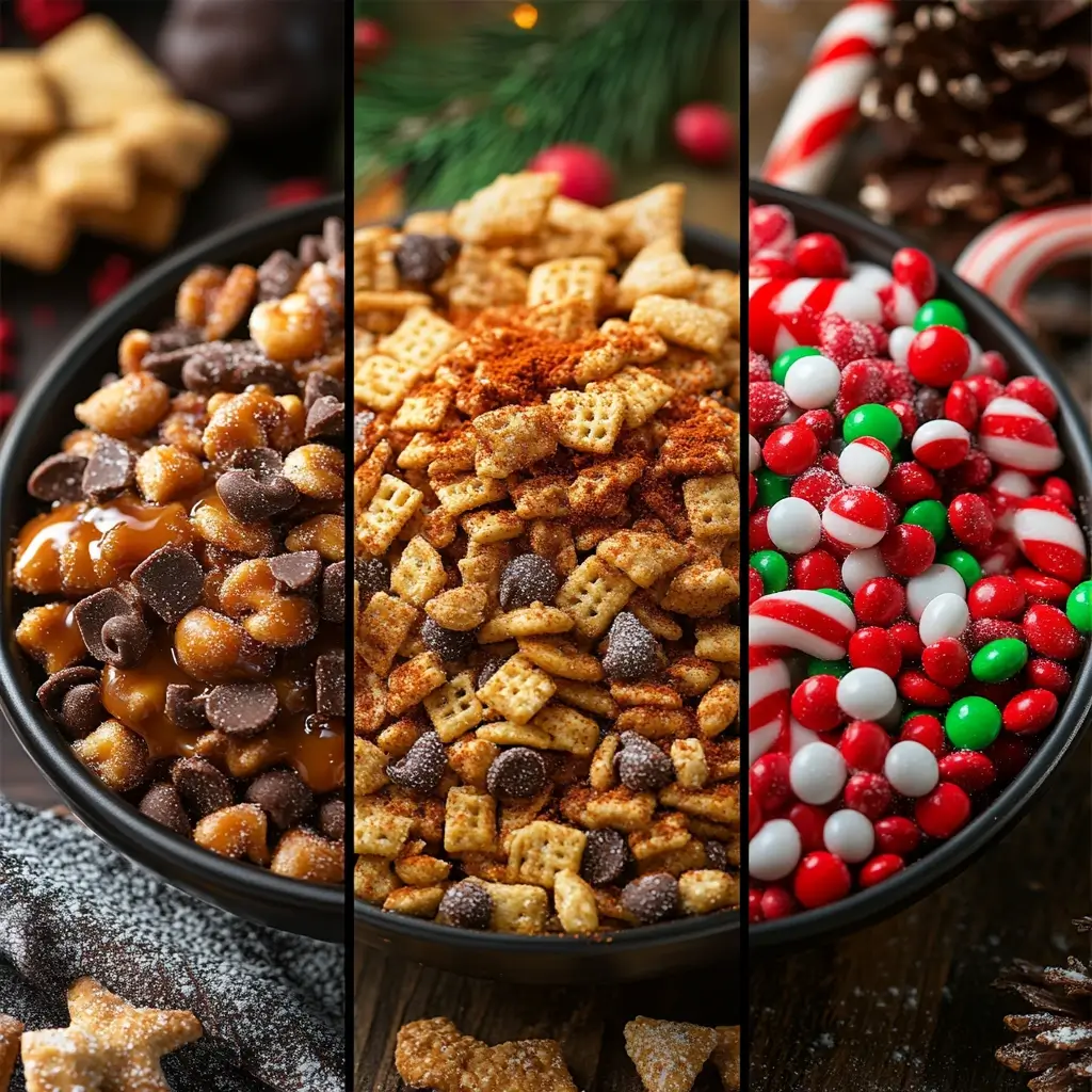 A triptych showcasing three variations of homemade Chex Mix. The left panel features a sweet version with caramel drizzle, chocolate chips, and cinnamon sugar. The center panel presents a spicy mix with red seasoning, chili flakes, and spicy nuts. The right panel highlights a holiday-themed mix with red and green M&Ms, candy canes, and festive sprinkles.