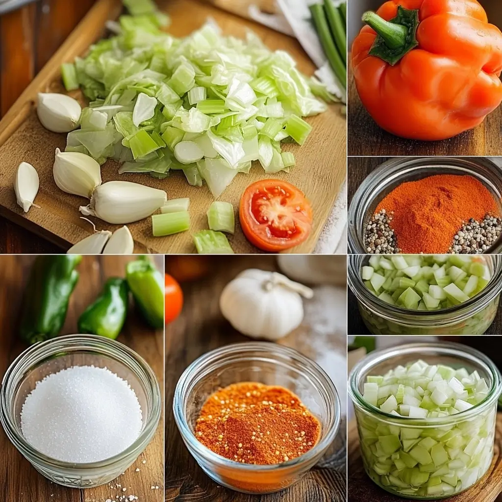 A step-by-step collage of making a preserved vegetable mix, featuring chopped cabbage, garlic, bell peppers, spice blends, sugar, and diced vegetables arranged on a rustic wooden surface.