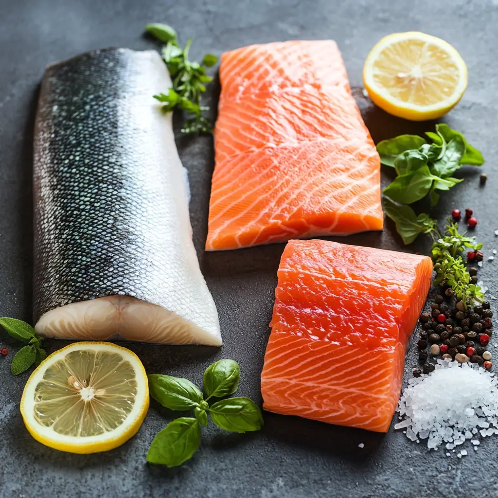 Fresh branzino and salmon fillets on a dark stone surface, garnished with lemon slices, basil, sea salt, and peppercorns.