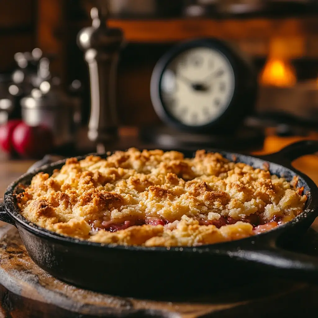 Perfectly baked crumble with a golden, crisp topping and bubbling fruit filling in a cast-iron dish, set in a cozy kitchen.