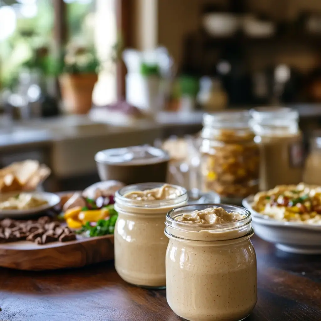 Rustic Middle Eastern kitchen featuring jars of creamy tahini, with dishes like hummus, baba ghanoush, halva, and baklava, highlighting tahini's versatility and nutritional benefits.