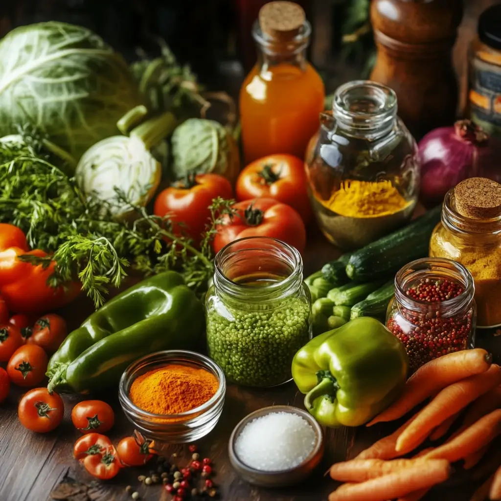 A vibrant array of fresh vegetables like green tomatoes, cabbage, bell peppers, onions, and carrots, with spice jars and vinegar bottles, representing a preserved vegetable mix.