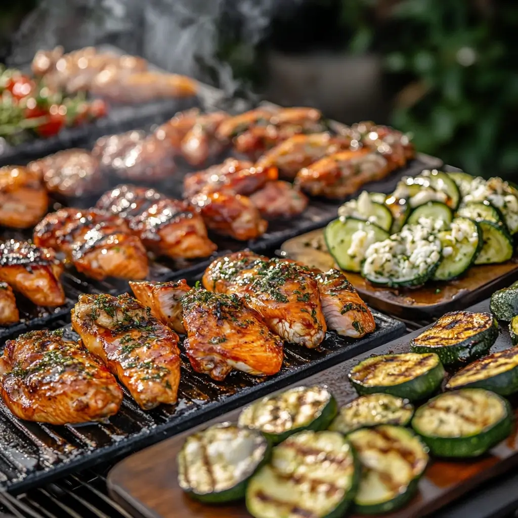 Popular quick-smoking recipes: smoked chicken wings with barbecue glaze, smoked salmon fillets with dill, and smoked zucchini slices with Parmesan and balsamic reduction.