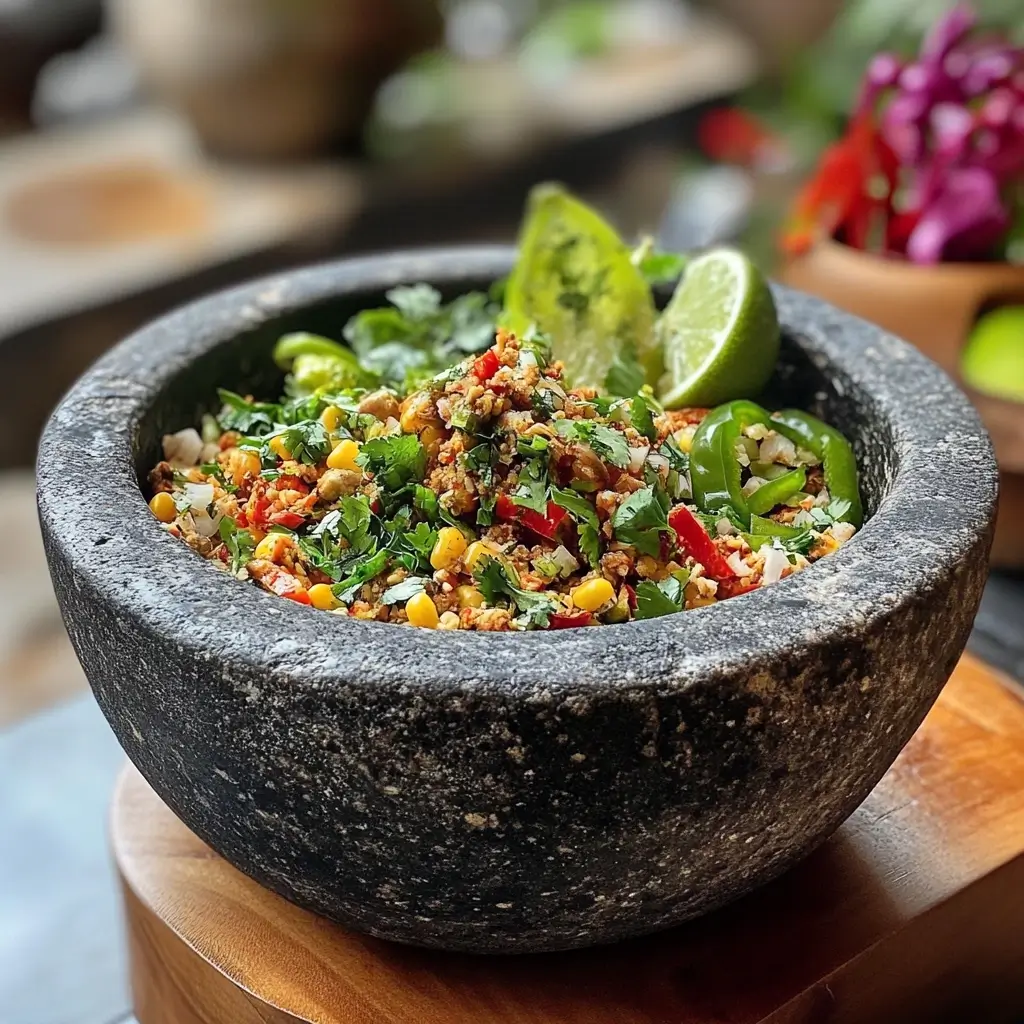 A traditional molcajete filled with a vibrant mix of crushed ingredients, including corn, fresh cilantro, red peppers, and jalapeños, garnished with lime wedges.