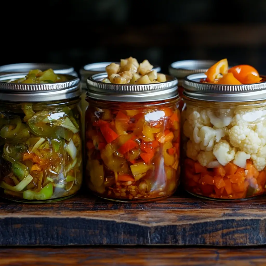 A close-up of glass jars filled with different regional varieties of relish, including green chili relish, sweet and spicy pepper relish, and pickled cauliflower and carrots, placed on a rustic wooden surface.