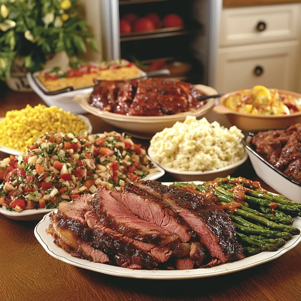 A variety of smoked meats served with complementary sides, including chicken with coleslaw, beef with mashed potatoes, and fish with rice pilaf, along with a refrigerator storing leftover smoked meat.