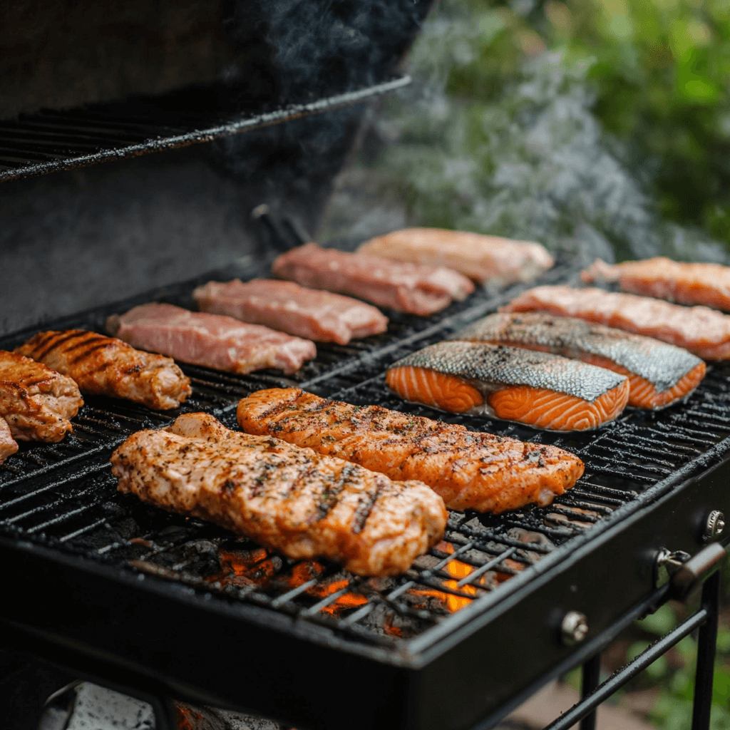 Various beginner-friendly meats smoking on different smokers: chicken thighs, turkey breasts, chuck roast, and salmon, with visible smoke and cooking tools nearby.
