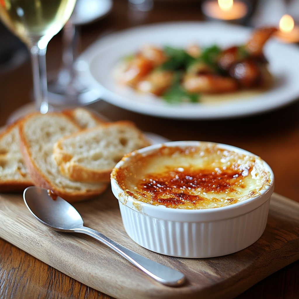 A ramekin filled with creamy crab brulee topped with a caramelized golden crust, served on a wooden board with slices of sourdough bread and a silver spoon, accompanied by a blurred background of New Orleans BBQ Shrimp and a glass of white wine.
