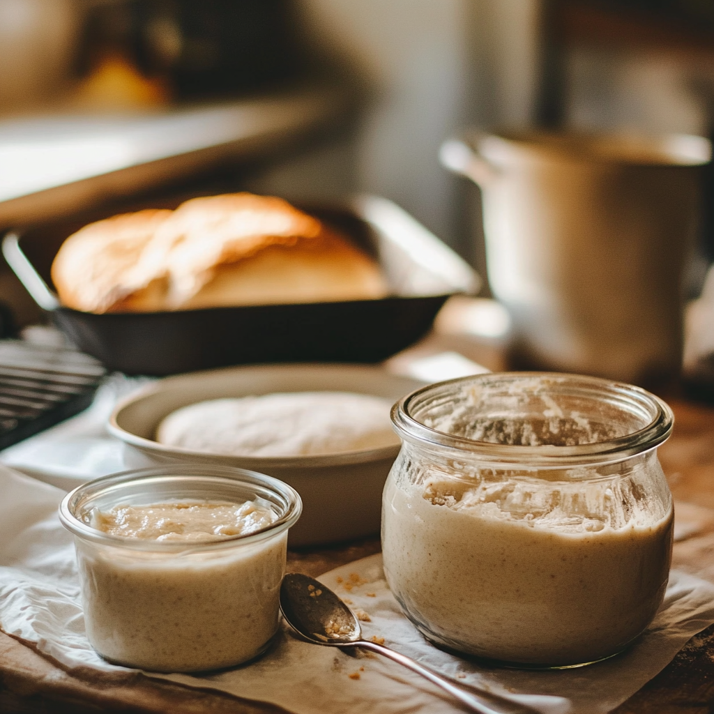 A cozy kitchen with a rustic wooden countertop displaying the sourdough bread-making process. A bubbly sourdough starter sits in a glass jar, next to a bowl of resting dough covered with a damp cloth. In the background, a proofing loaf in a pan and a freshly baked golden-brown sourdough sandwich loaf cooling on a wire rack. Warm natural light highlights the textures and details of the scene.