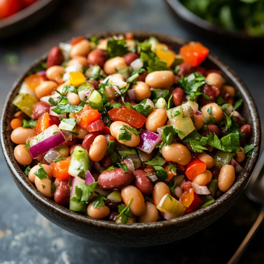 A plated leftover bean salad with a squeeze of lemon, olive oil drizzle, and fresh herbs, served with extra dressing. In the background, the salad is being gently heated in a skillet.
