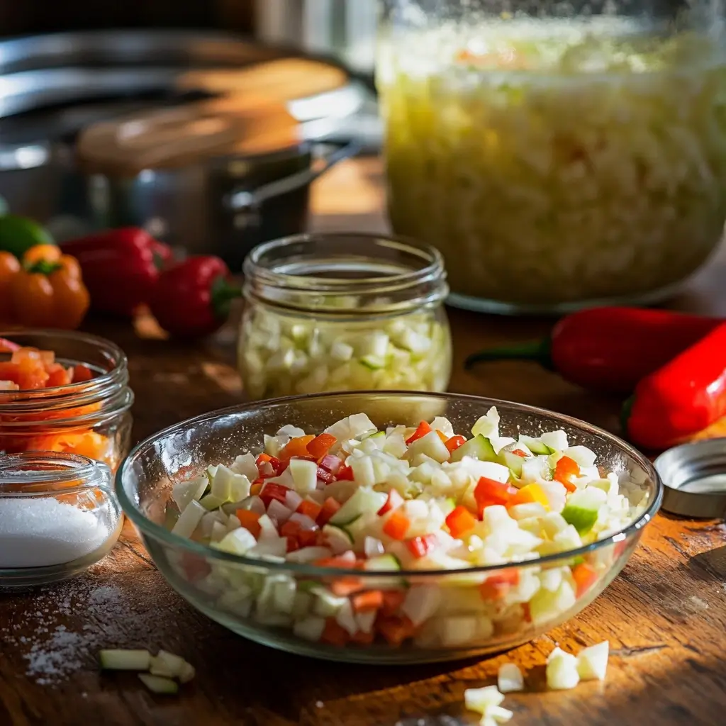 Close-up shot of diced vegetables, including red and green peppers, cucumbers, and onions, prepared for making Chow Chow relish. Glass jars, salt, and fresh peppers are also present on a wooden surface.