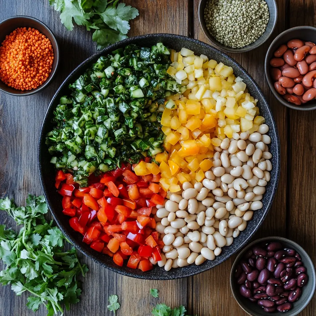 A colorful bean salad with chopped red and yellow bell peppers, white beans, finely diced cucumbers and herbs, arranged in sections on a black plate, surrounded by bowls of dried lentils, kidney beans, and green lentils on a rustic wooden table.