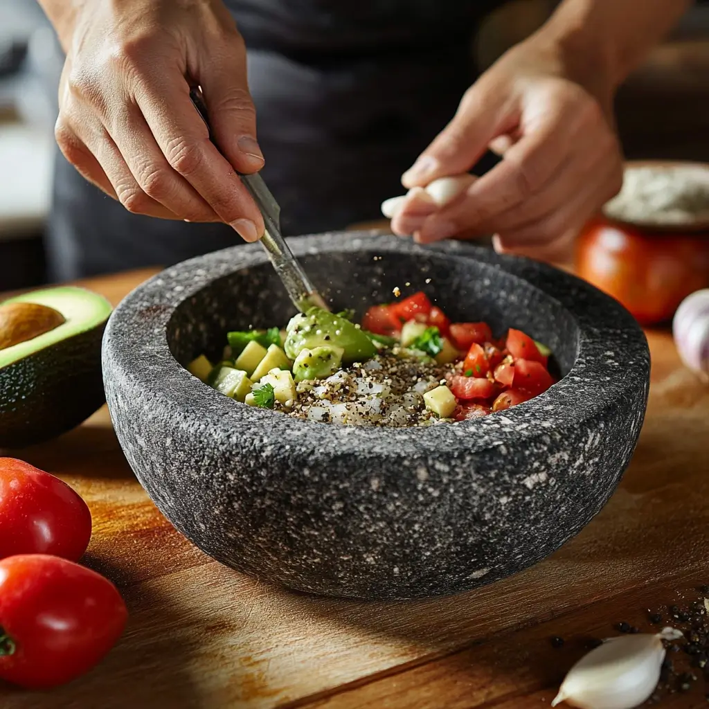 A cook preparing ingredients for a molcajete, chopping garlic, peppercorns, and grinding them into a paste, then adding tomatoes and avocados for a traditional dish.